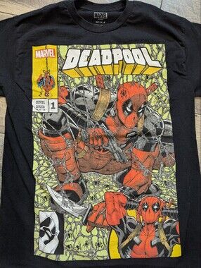 Marvel Deadpool Comic Panel Black Tee with Red and Yellow Artwork